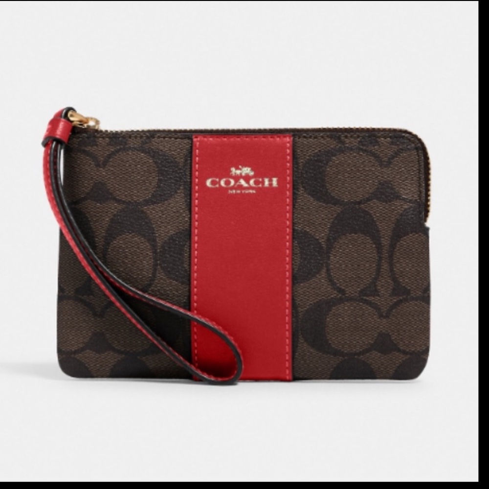 New Coach Signature Brown and Red Wristlet